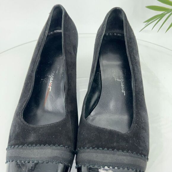 Salvatore Ferragamo Pump Women Size 7.5 B Black Suede Patent Cap Toe Square Toe - Picture 6 of 14
